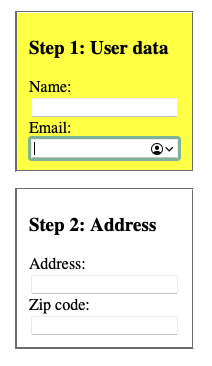 screenshot of html muti step form where the current step has a yellow background added with focus-within