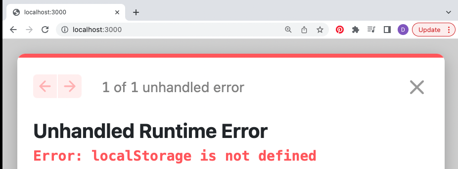 screenshot of localStorage is not defined error in NextJS